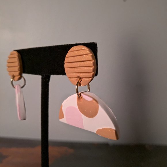Pink and Gold Half Circle Dangle Earrings - Picture 4 of 8